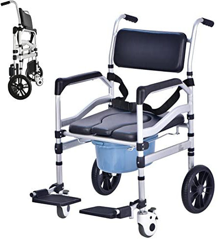 Shower Chair with Wheels Aluminum Alloy 4 in 1 Foldable Height Adjustable Shower Wheelchair, Sturdy Rolling Shower Chair with Large Commode for Seniors (Black)