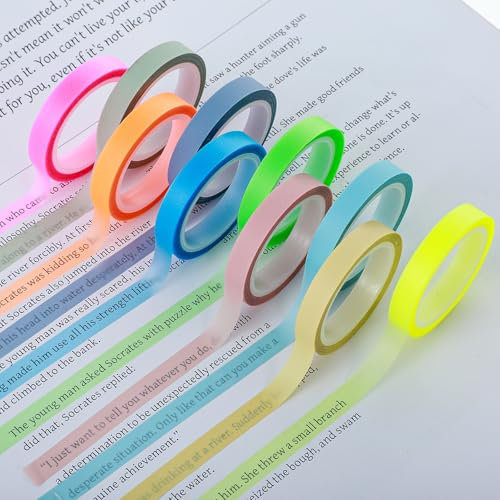10 Rollen Highlight Strips Fluoreszierende Farbige Tags Haftnotizband Fluoreszierende Farbige Tags Transparent Textmarker-Klebeband für Lesen Notizen Machen Lehrer Schüler Klasse Büro(6mm x 5M)-B