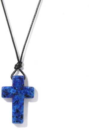 TIANXIAOQWE Einfache Oster-Halskette mit Lapis-Lazuli-Kreuz-Anhänger, handgewebter Kettenanhänger aus Wachsfaden, 45 cm, Stein Holz, Kristall