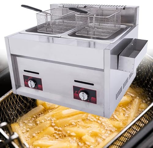 Lakenbroade Friteuse à gaz Professionnelle 20 L, Double cuve, en Acier Inoxydable, Grande capacité, avec Panier à Frites pour Restaurant
