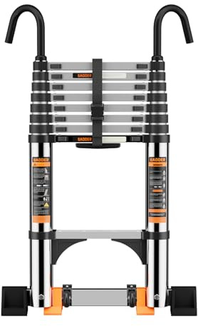 Telescopic Ladder,4.1M Stainless Steel Loft Ladder,collapsible ladder | Thickened High-Strength telescopic loft ladder with Stabilizer Bar and Hooks,Ladders Extendable for Roof Attic Caravans