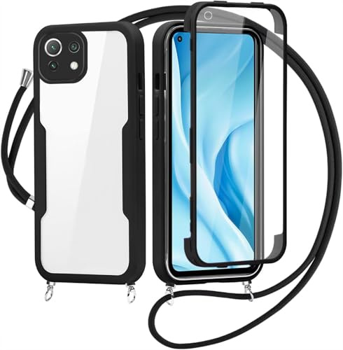 Handykette für Xiaomi Mi 11 lite 5G Hülle mit Band,Transparent 360 Grad Rundumschutz Schutzhülle mit Integriertem Displayschutz Stoßfest Ultradünn Silikon Handyhülle für Xiaomi Mi 11 lite 5G,Schwarz