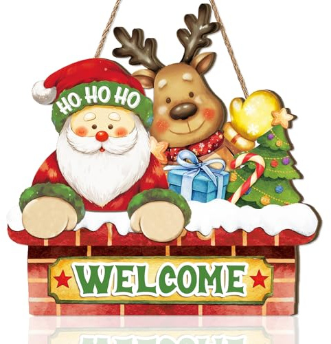 HPNIUB Weihnachts-Aufhängeschild Welcome 28x28cm - Weihnachtsmann mit Rentier Weihnachtsbaum Deko - Festliche Wanddekoration & Türdekoration für Innenbereich und Außenbereich