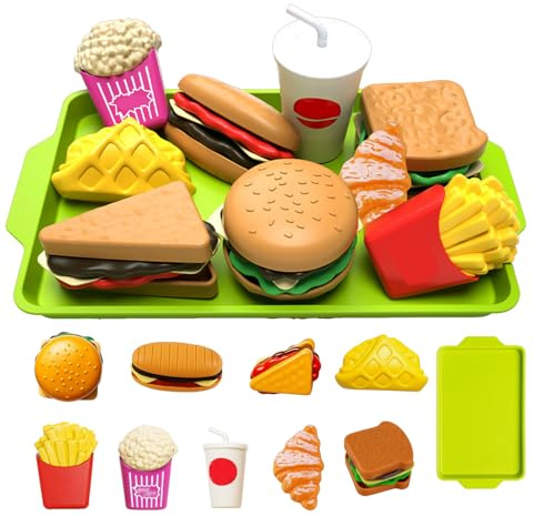 10-teiliges Spielküche Zubehör Fast Food Set - Kinderküche Zubehör mit Burger & Pommes, Lebensmittel Spielzeug für Kinderküche, Spielküche Zubehör für Rollenspiele