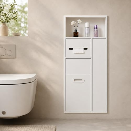 Unterputz Toilettenpapierhalter Unterputz WC Modul | Toilettenpapierhalter Unterputz mit Mülleimernische, Toilettenbürstenhalter, 304 Edelstahl, Platzsparend(White,86*40*14CM)