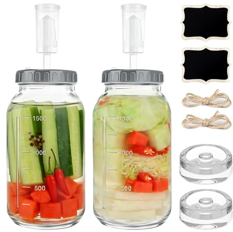 PEEXTBB Fermenteringsglas 2 st 2L, 64oz Kimchi-behållare med luftsluss och vikt, kefirglas med lock, bred mun fermenteringsglas, för kimchi, surkål, surdegsstarter