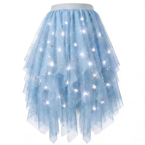 Beipegin Tüllrock Damen Lichterkette mit LED Unregelmäßig Tüll Röcke Lagenrock Ballett Tutu Faltenkleid Midirock Karneval Halloween Kostüm Fasching Party-Batterie Nicht Inbegriffen