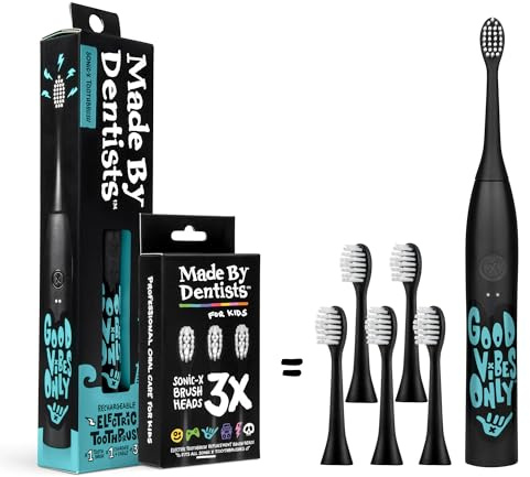 Made by Dentists Sonic X Electric Toothbrush – Rechargeable Kids Sonic Toothbrush, 8X Plaque Removal, 2 Speed Modes, 2-Minute Timer 6 Brush Heads Included, Tweens Ages 7+, Good Vibes Only Edition