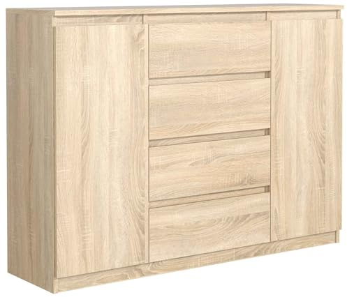 Masseno Kommode NUDO 138,5 cm Sideboard mit 4 Schubladen und 2 Türen für Wohnzimmer Schlafzimmer Modern 138,5x39x101,5 cm Sonoma Eiche/Sonoma Eiche