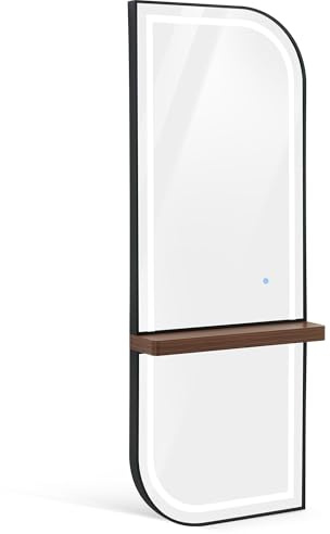 Barberpub Miroir Mural Lumineux, Miroir Pleine Hauteur Cadre alu, Grand Miroir avec Tablette, Toucher, 3 Teintes Lumineuses dimmables, pour Salon Coiffure, 17x65x170 cm, J6298 (Noir-Marron)