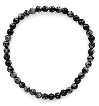 Taddart Minerals – Schwarzes Armband aus dem natürlichen Edelstein Schneeflocken-Obsidian mit 4 mm Kugeln auf elastischem Nylonfaden aufgezogen - handgefertigt