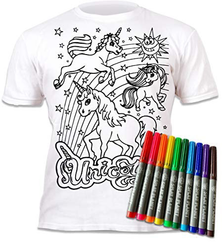 Splat Planet Colour-in Unicorn T-Shirt with 10 Non-Toxic Washable Magic Pens - Colour-in and Wash Out T-Shirt (Age 5-6) White