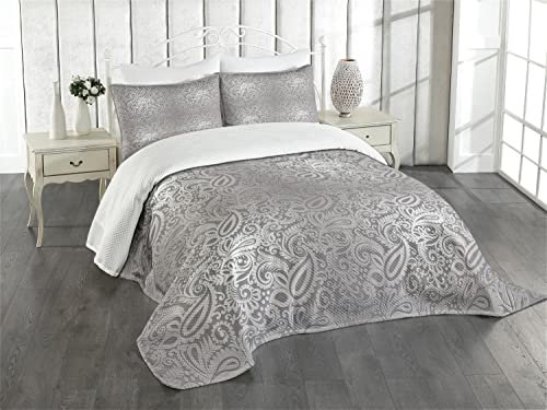ABAKUHAUS Damast Tagesdecke Set, Königliche Paisley-Muster, Set mit Kissenbezügen Waschbar, für Doppelbetten 220 x 220 cm, Grau