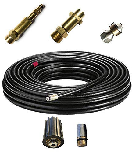 Rohrreinigungsschlauch Set 4-Teilig für Kärcher HD HDS und Andere mit Anschluss 1/8 AG : M22 x 1,5 IG & Bajonett-Adapter & Adapter Quick-Click & rotierende Rohrreinigungsdüse (45 Meter)
