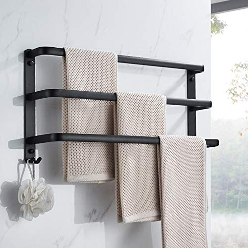 YTXWZ Handtuchstange Dreifach, Handtuchhalter Stange Ohne Bohren Schwarz Matt selbstklebend, Breite Doppel Haken Handtuchstange Für Badezimmer Küche Punsch Kostenlos stanzen Dual-use40cm 16in