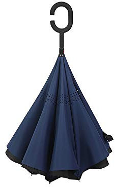 WOWGADGET Paraguas invertido con mango en C - Azul oscuro - Sombrilla de doble capa. A prueba de viento - Resistente al viento y a los rayos UV- Protege de la lluvia, la tormenta y el sol.