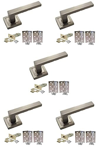 Golden Grace Delta Door Handles on Square Rose in Satin Stainless Steel Finish, Complete with Tubular Latches & Hinges - 5 Sets
