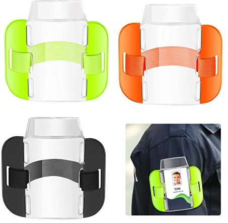 Lot de 3 brassards fluorescents à haute visibilité pour carte d'identité, badge, brassard élastique réglable, clip de fixation pour carte d'identité, vert fluo, noir et orange.