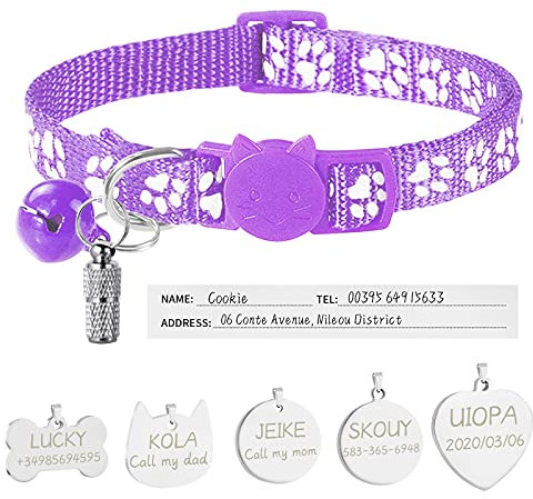 Uiopa Katzenhalsband mit Sicherheitsverschluss + Hundemarke mit Gravur + Adressanhänger, Hundehalsband mit Name & Glöckchen, Verstellbar Halsband für Katze und Hund (Violett)