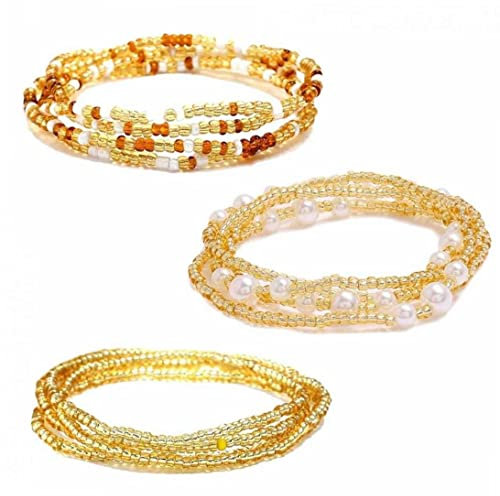 Zonster 3 Stück Taille Perlen Ketten Set Bunte Sommer Afrikanische Bauchkette Elastische Taille Perlen Für Gewichtsabnahme Körperketten Bikini Perlen Schmuck Für Frauen Gold 80cm