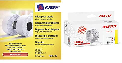AVERY Zweckform PLP1226 Etikettenrolle (15.000 Stück, 1-zeilig, permanent haftend, 12 x 26 mm) 10 Rollen weiß & Original Meto Preisauszeichner Etiketten (22x12 mm, 1-Zeilig, 6.000 Stück, weiß)