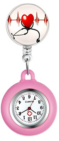 Silverora Silikon Krankenschwester Uhr einziehbar mit Stethoskop Herz Muster Revers Clip-on Taschenuhr für Arzt Krankenschwestern Silikonhülle für Frauen und Männer