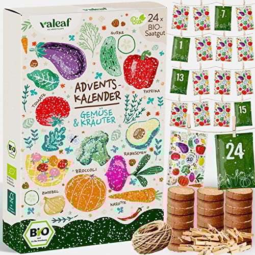 valeaf BIO Saatgut Adventskalender 2025 Gemüse Kräuter I 24x BIO Pflanzensamen Samen Adventskalender I Adventskalender Saatgut I Gemüsesamen Kräutersamen Adventskalender Garten I Saatgut Kalender