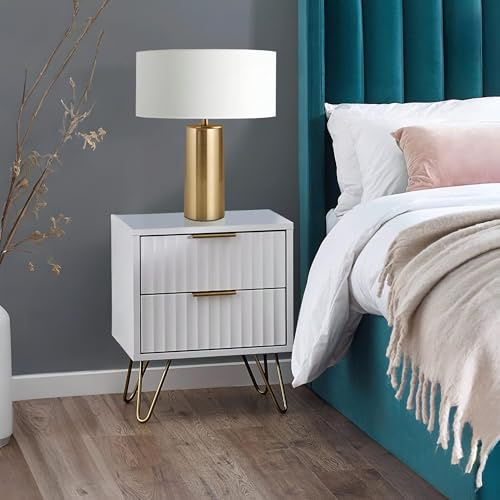 Julian Bowen Murano Bedside Table, 2 Drawer, White - H55 x W45 x D40cm | Contemporary Nightstand for Bedroom, 2 Drawers, Fluted Detailing, Brushed Gold Tapered Legs, Practical Storage End Table