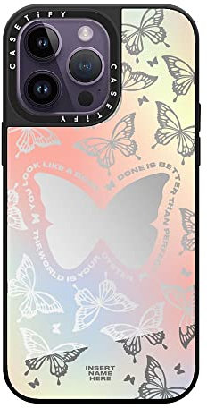 CASETiFY Mirror iPhone 14 Pro Max Case [Reflective / 4.9ft Drop Protection/Compatible with Magsafe] - You Give Me Butterflies - Silver On Black