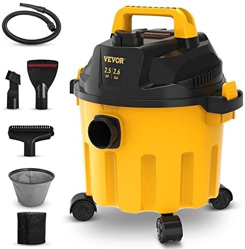 VEVOR 2.6 Gallon 2.5 Peak HP Wet and Dry Shop Vac, Portable Shop Vacuum and Blower 3-in-1 with Filter, Hose and Attachments for Home and Car Cleaning Black/Yellow