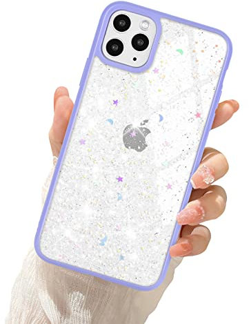 Newseego Clear Glitter Case Compatible with iPhone 11 Pro Max Case for Girls Women, Sparkly Bling Cute Star Pattern Phone Case Soft TPU Shockproof Protective Bumper Cover for iPhone 11 Pro Max-Purple