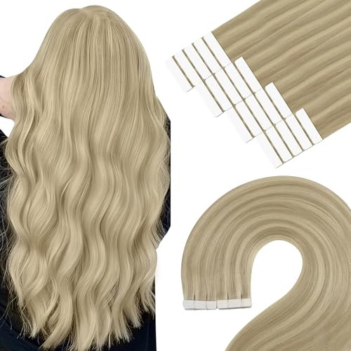 YoungSee 60 CM Tape Extensions Echthaar Blond Echthaar Extensions Tape Lang Remy Hair Extensions Tape in Goldblond Strahnchen Extensions Echthaar Tape 50g Echthaar Tape in fur Damen 20stuck #16/22
