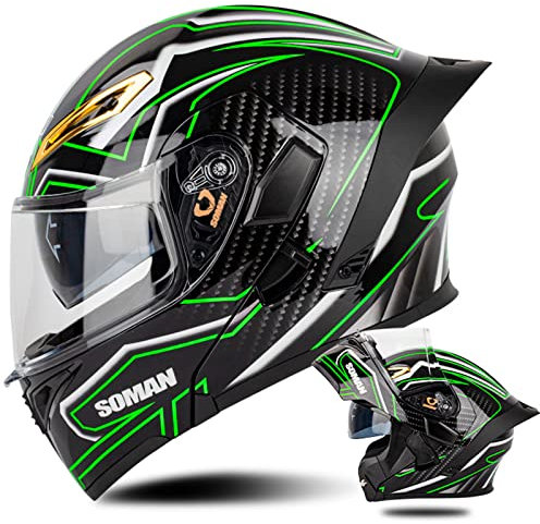 Motorradhelm Modular Flip Up Front Klapphelm Integralhelm ECE 22.05 Mit Doppelvisier Rollerhelm Sturzhelm Motocrosshelme für Erwachsene für Männer Frauen, Schwarz Grün-S
