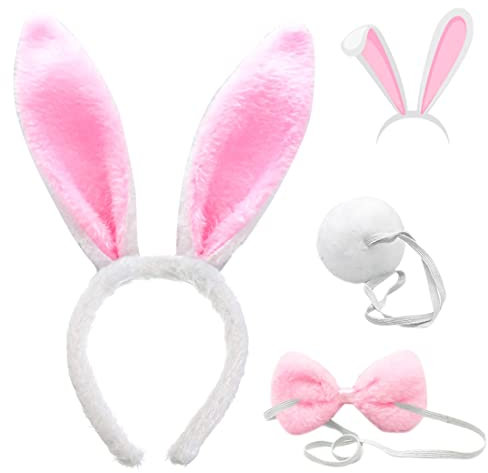 FUKPO Bandeau Oreilles de Lapin en Peluche, Serre Tete Femme Oreilles de Lapin de Pâques Queue Cravate Enfant Adulte, Serre Tête Oreille de Lapin Costume Accessoire Deguisement Décoration(Blanc Rose)