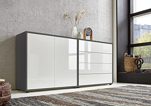 moebel-dich-auf Kommode Ben Set 3 Sideboard Türkommode Schubkastenkommode (anthrazit/weiß Hochglanz)