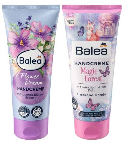 Balea 2er-Set Handpflege: Handcreme FLOWER DREAM mit Sheabutter, Lavendelblüten-Extrakt und Duft nach Lavendel & Malve (100 ml) + Handcreme MAGIC FOREST für trockene Hände (100 ml), 200 ml