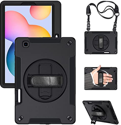LOXO CASE Cover per Samsung Galaxy Tab S6 Lite 10.4-Pollici 2020/2022, Antiurto Anti-Impronta Protettivo Custodia con 360 Supporto Rotante e Tracolla, Cinghie a Tracolla,Black