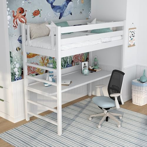 N-wood N01 Letto a Soppalco con Scrivania 90x200 cm, 100% Legno massello, Lettino per bambini e adulti, Scala universale: destra o sinistra, Struttura inclusa, Nessuna vite sporgente, Bianco