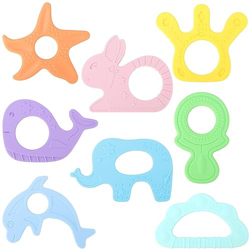 BEBOAN Beissring Kühlend, 8 Stück Weiches Silikon Zahnungshilfe, BPA-frei Beißring, Natürlicher Kühlbeißring Hilfe Spielzeug für Junge Mädchen 3 Monate+