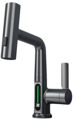 Mitigeur d'évier, affichage intelligent de la température par LED, bec extractible à trois modes, poignée unique en laiton, robinet à levier unique hybride Grey