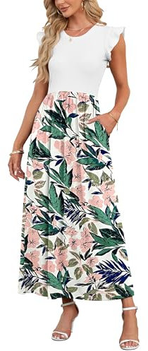 AUSELILY Women Casual Maxi Plus Size Summer Dresses Crew Neck High Waist Dress Ruffle Sleeve Dresses for Wedding Floral Pink Green, XXL