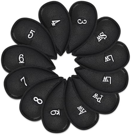 Golf Club Iron Head Covers, 12pcs GolfHeadcover set, Thick Synthetic Leather Golf' Iron Head Covers Set Fit All Brands Titleist, Callaway, Ping (Blcak)