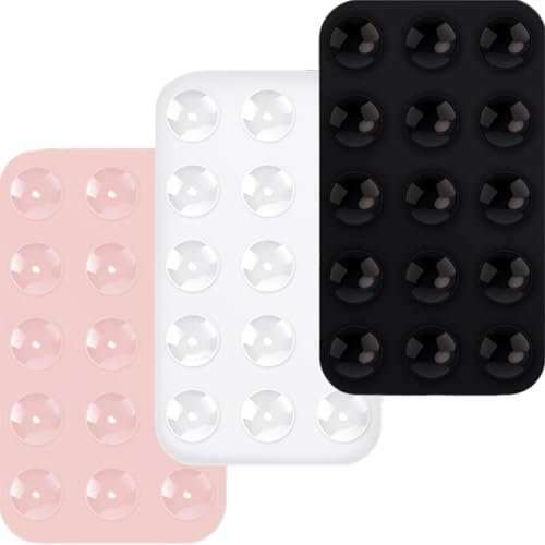 Rayibuir 3pcs Silicone Double-Sided Suction Cup Phone Mount, Compatible with iPhone and Android Cases Detachable Hands-Free Suction Mobile Holder for Selfies and Videos (Black, White, Light Pink)