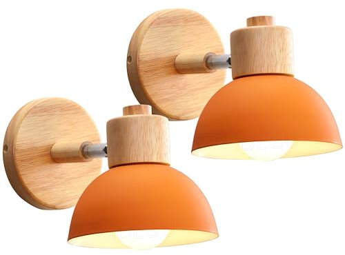 iDEGU 2 Stücke Wandleuchten Moderne Innen Wandlampe aus Holz Metall Halbkreis Lampenschirm E27 Verstellbare Wandspot Vintage Lampe für Schlafzimmer Wohnzimmer Küche Flur Café (Orange)