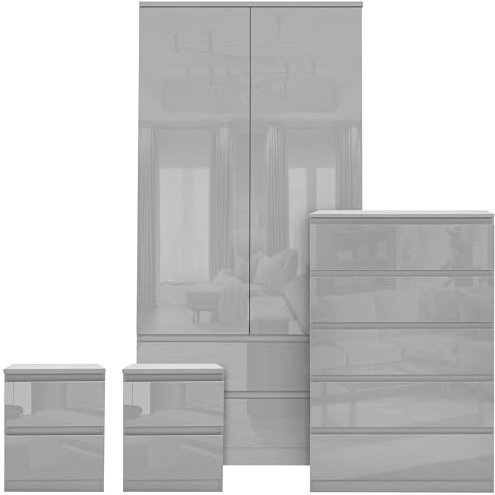 Wardrobe and Chest of Drawers Bedroom Furniture Set with 2 Door Wardrobe 5 Drawer Chest of Drawer 2x Bedside Cabinets Table Cabinet for Bedroom Storage Furniture Set Grey