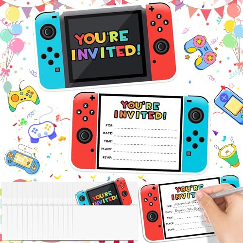 Weploda 15 Piezas Videojuegos Invitaciones De Fiesta, Tarjetas Invitacion Cumpleaños Niño, Tarjetas Invitación Con Diseño Consola Videojuegos Para Niñas Niños(Con 15 x Sobre Blanco)