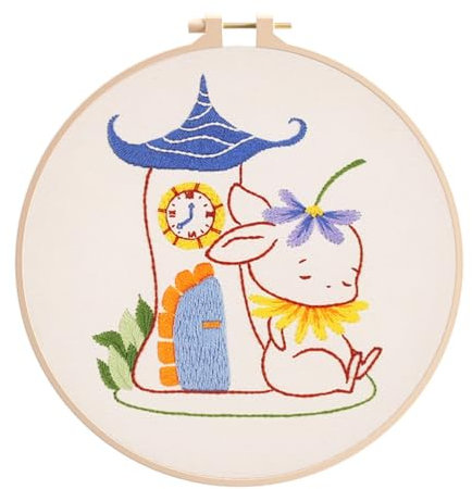 Meecaa Kaninchen-Uhr, Blumen-Tier-Stickset, Starter-Set, Handstickerei-Set, gemustertes Kreuzstich-Set für Anfänger und Erwachsene, mit Stickrahmen und Anleitung (Tier 6)