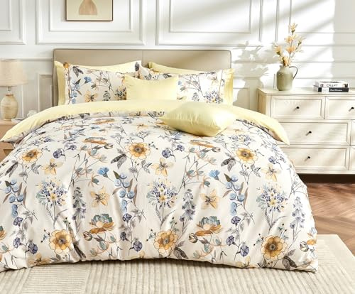 SLEEPBELLA King Size Duvet Cover Set with Button Closure - Blue and Yellow Botanical Luxury Bedding for a Comfortable Sleeping