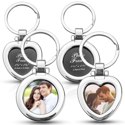 GZLFH Lot de 4 Porte-clés Personnalisables, Porte-clés Personnalisés, en forme de cœur et 2 ronds, Porte-clés Photo Prêts à Offrir pour un Anniversaire, la Saint-Valentin, Argenté, 7.3cm