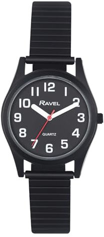 Ravel - Damen-Uhr mit superflachem Sichthilfe-Edelstahl-Expanderarmband mit großen Zahlen und Zeigern - Analoges Quarzwerk - R0225.33.2 - Schwarz/Schwarzen Zifferblatt